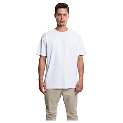 URBAN CLASSICS Camiseta básica de manga corta, cuello redondo normal, de algodón grueso, largo normal, oversized, de hombre, moderna, color blanco, talla XXL