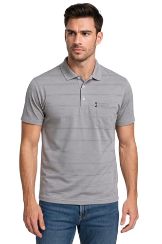 Image of WILD ELEPHANT Men Cotton Striped Polo Neck Half Sleeve T-Shirt with Pocket