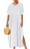 CHICGAL Kaftan Dresses for Women Oversized Long Batwing Sleeve Caftan V Neck Beach Cover Ups Summer Maxi Dress (White,One Size)