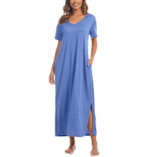 Marvmys Women Short Sleeve Nightgown Cotton Long Nightshirts with Pocket XX-Large Blue
