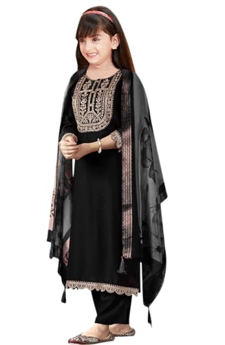 Image of Girls Ethnic Outfit | Embroidered Silk Girls Salwar Suit | Kurta Pant and Jacquard Dupatta Set