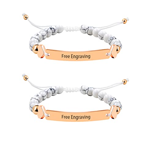 2 Pieces Customized Name Id Bracelets For Women Girls Best Friend, White Turquoise Stone Bracelets For Women Personalized Name With Rose Gold Plated Stainless Steel Engraving Plate Y1451 #TOP12