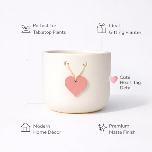 Image of Urban Plant Cherish Terracotta Pot with Heart Tag | 4.7 Inch Matte Finish Planter with Drainage Hole | Decorative Indoor Tabletop Flower Pot for Gifting & Home Decor