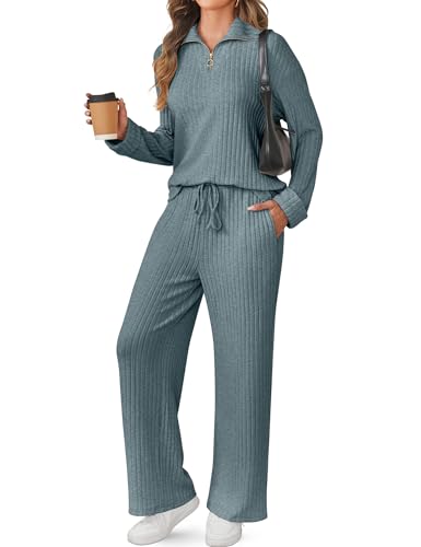 SHESHOW Women 2 Piece Lounge Set Long Sleeve Lapel Zip Up Pullover and Wide-Leg Pants Sweatsuits Travel Outfits