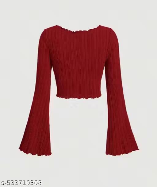 Image of V-Neck Notched Flared Sleeve Top for Women | Stylish Polyester Long Sleeve Blouse for Casual Wear 450