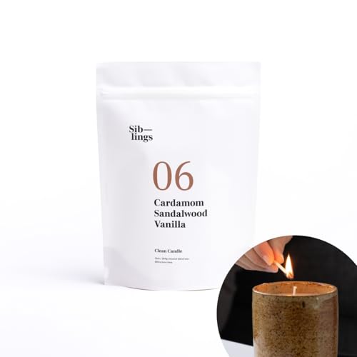 Siblings Essentials, Candle Refill Kit, DIY Candle Kit (No 06: Cardamom, Sandalwood, Vanilla) - Eco-Friendly Candle Refill, Clean Fragrance and Essential Oils, Coconut and Soy Wax