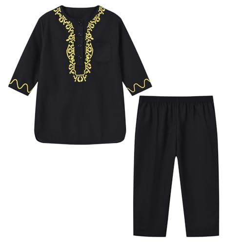 Kid Boys Embroidered Muslim T-Shirt Boys Solid Islamic Kaftans Outfits Toddler Button Down Gown with Pocket Clothes