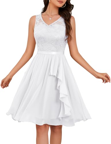 Meetjen Robe de cocktail courte sans manches en dentelle et mousseline de soie avec ourlet à volants pour femme, blanc, L