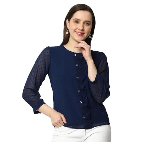 Image of PRETTIFY Women's Regular Fit Solid Embroidery Georgette Waist Length, 3 /4 Sheer Sleeve, Round Neck Casual Wear Western Shirt Top for College /Office Girls