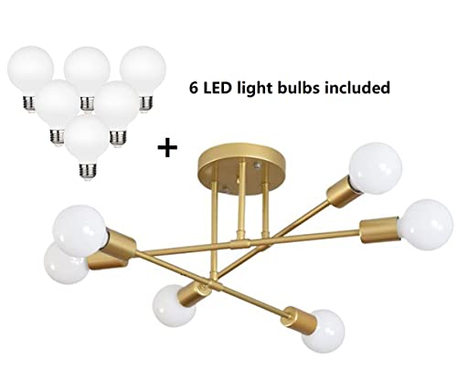 Dellemade Modern Sputnik Chandelier, 6-Light Ceiling Light, 6 Led Light Bulbs Included For Bedroom,Dining Room,Kitchen,Office (Gold) #TOP3
