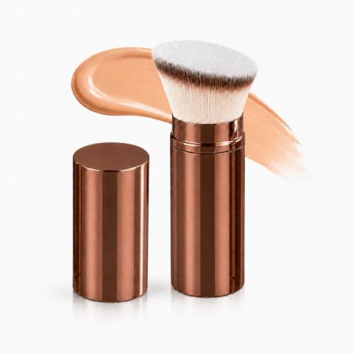 Brocha de Maquillaje Kabuki Retráctil con Cabezal Plano, Color Cobre, para Base, Colorete, Polvos, Iluminador y Productos Líquidos o en Crema, Cerdas Suaves, Formato Compacto de Viaje