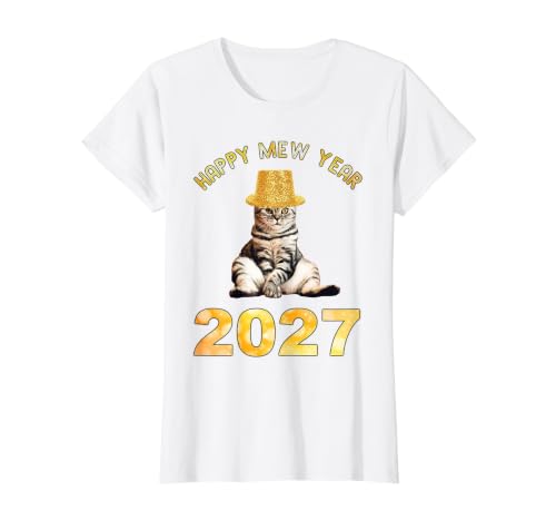 Image of Happy Mew Year 2027 Funny Cat Lover New Year's Eve Value Graphic T-Shirt, Women, White, S