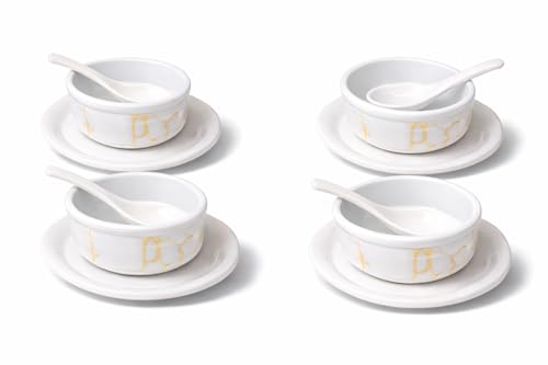 Image of Ariya Melamine French Soup Bowl Set of 4 (350 ml, White /Gold) with Spoons & Saucers|Premium Soup Serving Bowls|Microwave & Dishwasher Safe|Durable Bowls for Soup, Noodles, Cereal & Pasta