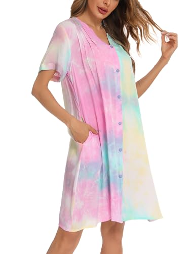 YOZLY House Dress Women Cotton Duster Robe Short Sleeve Housecoat Button Down Nightgown2