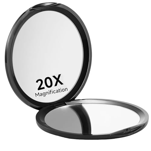Kabwea Spiegel de Poche Compact Noir avec grossissement 1X/20X, Idéal pour Les déplacements, Miroir grossissant 20x, Miroir de Voyage, Miroir cosmétique