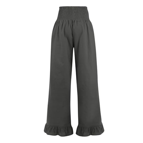Image of Women Linen Pants Dressy Casual Summer Boho Ruffle Hem Wide Leg Cropped Pants Smocked High Waisted Palazzo Pant