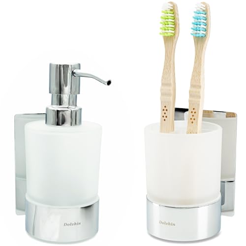 Dolvhin® Distributeur de Savon et Porte-Brosse à Dents Mural | Verre dépoli à Coller | Gobelet à Dents INOX sans perçage | Doseur Savon Liquide | Set...