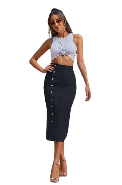 Z Black Side Button Plain Straight Maxi Denim Woman Skirt-picture-34