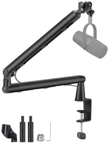 BOSEEN Low Profile Mic Arm Stand,Adjustable Desk Clamp Mic Boom Arm with 360°Swivel and Detachable Rise Column，Built-In Cable Management,with Mic Clip 3/8