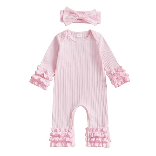 Newborn Baby Girl Clothes Jumpsuit Ruffle Romper Bodysuit Pants Headband One-Piece Coming Home Hospital Outfits - Main Image