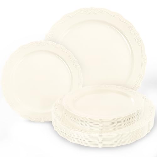 Tinybee 60PCS Ivory Plastic Plates - Heavy Duty Ivory Disposable Plates Elegant Plastic Plates for Bridal Shower Wedding and Party Including 30 Dinner Plates 10 & 30 Dessert Plates 7.5