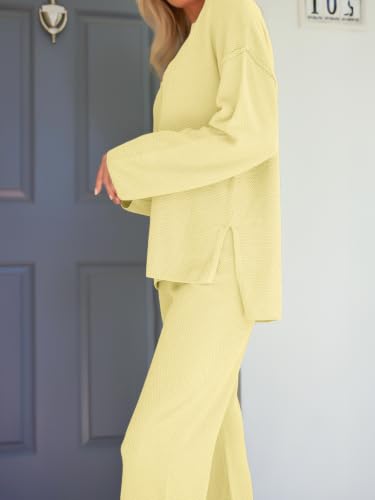 Image of LILLUSORY Women's 2 Piece Oversized Slouchy Matching Lounge Sets | Comfy Knit Loungewear, Airport Travel Outfits, Henley Button Drop Shoulder Tunic & Wide Leg Pull-on Pants