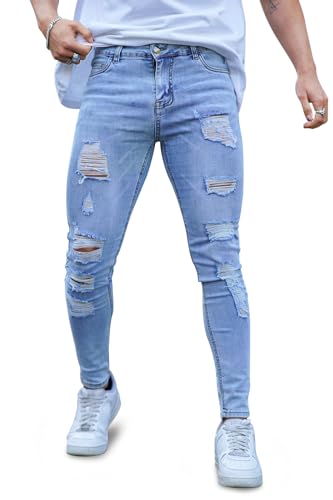 GINGTTO Troué Jean Skinny Homme Ripped Jeans Slim fit Stretch Pantalon Jegging Elastique Denim Tapered Bleu Clair Mode 28