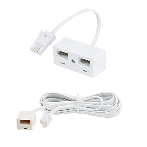 Uvital BT Telephone Extension Cable and Telephone Splitter Kit, 5 Meters 6-Pin Straight Through Cable, and RJ11 Male Plug to Double Female Socket Phone Adapter for UK Landline and Office Fax