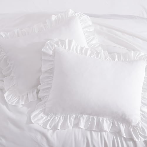 Image of Full Size Comforter Set White Ruffle 7 Pieces Farmhouse Bed in a Bag | Shabby Chic Fluffy All Season Bedding Sets with Sheets, Pillowcases & Shams