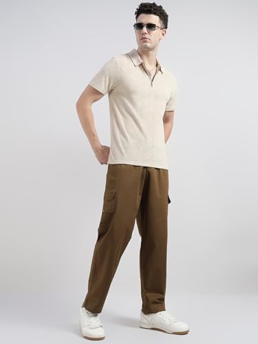 Image of Veirdo Pure Cotton Baggy Fit Regular Length Mid Rise 4 Pocket Cargos for Men (Colors: Black, Olive, Grey, Brown & Navy)