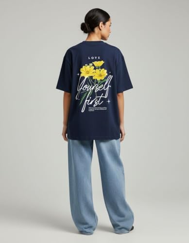 Image of Oversized Cotton T-Shirt for Women Half Sleeve - Love Yourself First Printed Tee - Breathable Loose Fit Motivational Casual Wear for College and Daily Outfits