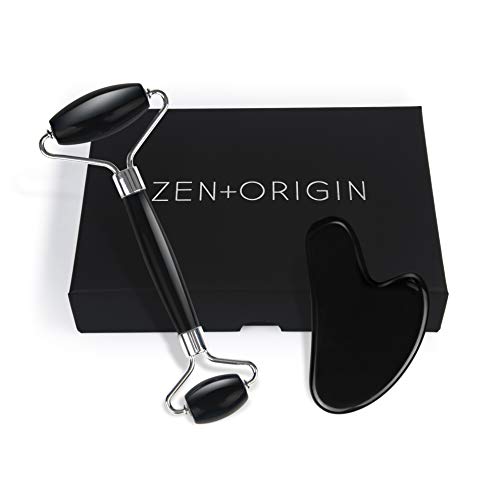 Obsidian Roller and Gua Sha, Face Roller, 100% Natural Obsidian Stone Set, Dual Sided Face Massager, Stimulates Blood Flow, Relieves Stress, Reduces Signs of Aging, Travel Pouch Included, Gift Box