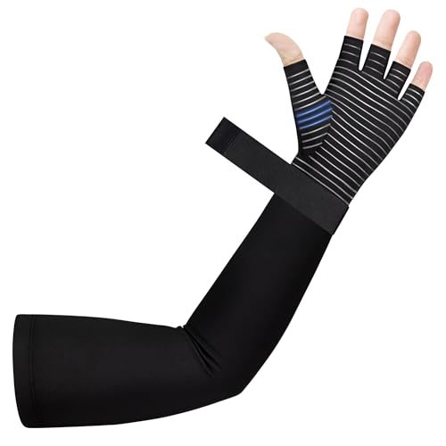 Zuscot Copper Long Compression Arthritis Glove with Wrist Strap (1 Pcs), 20-30 mmHg Lymphedema Compression Arm Sleeve with Gauntlet, Fingerless Graded Pressure Full Arm and Hand Support for Men Women