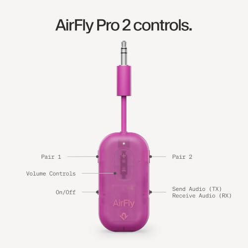 Image of AirFly Pro 2 - Bluetooth Adapter for Airplane, Pair 2 AirPods or Wireless Headphones - 3.5mm AUX Bluetooth Transmitter for Cars, Boats, Treadmills, TVs- Airplane Travel Essentials, Fuchsia Ice