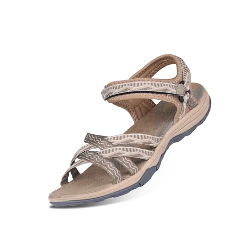 GRITION Frauen Wandern Sandalen, Damen Outdoor Sport Wasser Schuhe Sommer Flach Cross-Tied Beach Sandalen Open Toe Verstellbare klettverschluss Walking Schuhe Schwarz (EU 40, Taupe/Stein)