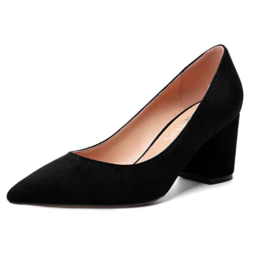 MOVINSTEPS Womens Suede Block Solid Pointed Toe Formal Slip On Office Chunky Mid Heel Pumps Shoes 2.5 Inch