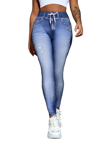 Gellmall Leggings avec aspect jean pour femme - Taille haute - Jeggings élastiques - Jeans longs skinny - Treggings - Yoga et fitness - S-2XL, bleu a, XL