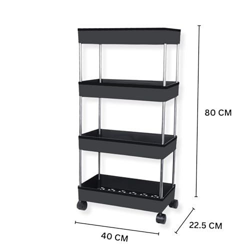 Image of Plastic Multipurpose 4-Tier Storage Shelf, Storage Rack With Wheels, Storage Organizer Cart For Kitchen, Pantry Closet, Bedroom, Bathroom(4Layer, Black)