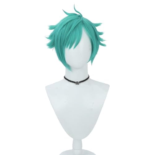 Aphelios Cosplay Wig Short Men Anime Wig Cyan Green Straight Wig with Bangs Heat Resistant Synthetic Hair for Party
