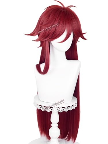 Image of Half and Half Gre-ll Cosplay Wig Long Straight Red Anime Wig with Layered Bangs 35.4'' Deep Red Death Costume Wigs Rose Red Male Women Wig for Halloween Party Costumes