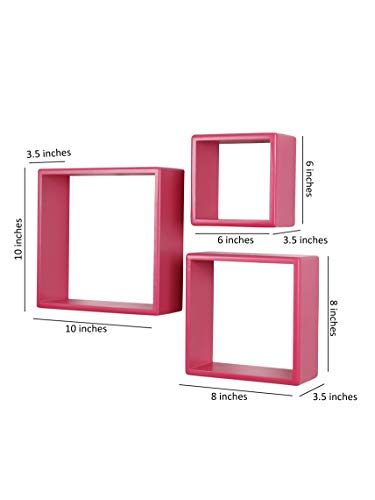 Image of Home Sparkle Wooden Wall Shelf | Cube Design Wall Mounted Shelves for Living Room - Set of 3 (Pink)