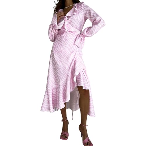 Damenkleid mit Zebra-Print, Lange Ärmel, Rüschen, V-Ausschnitt, hohe Taille, mittellanges Kleid, Partykleid-Rosa-L