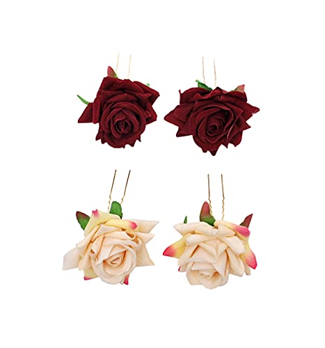 Image of Vogue Hair Accessories Light Weight Rose Flower Bun Maker Juda Pins Hair Accessories (4 Hair Pins) (Maroon & Off-White)