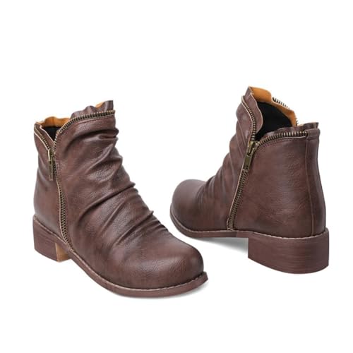 Alyaafifa Comfortable Low Block Heel Ankle Booties for Women Closed Round Toe Slouch Short Boots Leather Winter Casual Dress Shoes with Zipper4