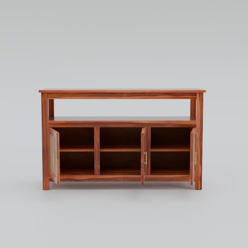 Image of Solid Sheesham Wood Sideboard for Living Room with Cane Doors | 3-Door Storage Unit with Open Shelf | Buffet Cabinet for Dining Room, Entryway & Hallway | Honey Finish | 140 x 40 x 82 cm