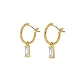 Columbus 14K Gold Dipped Huggie Hoop Earrings - CZ Baguette Charms (Gold Baguette Charm)