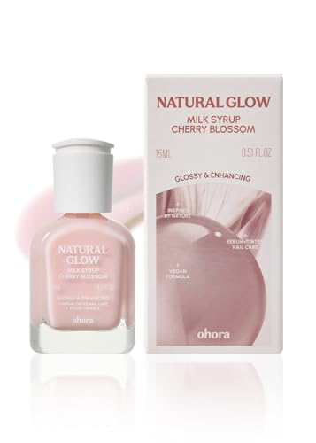 Image of ohora Natural Glow Milk Syrup Nail Strengthener (Cherry Blossom) - Tinted Nail Hardener for Brittle, Damaged Nails, Quick-Dry Glossy Finish, Nail Repair & Growth, 15 mL
