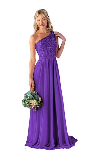Image of LANGKAAO Women's One Shoulder Bridesmaid Dresses Long for Wedding with Pockets Lace Bodice A-Line Chiffon Formal Party Gown