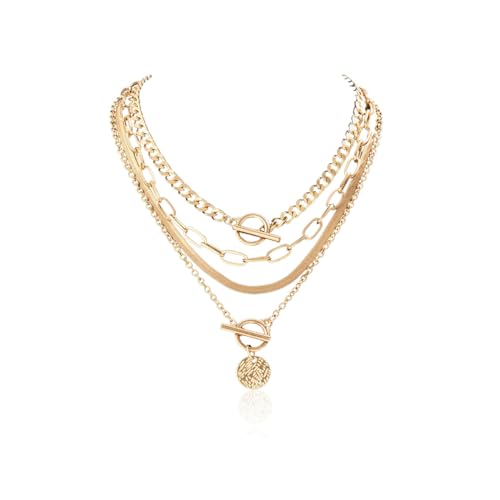 Ensemble collier or superposé femme, chaîne trombone à chevrons et pendentif médaillon