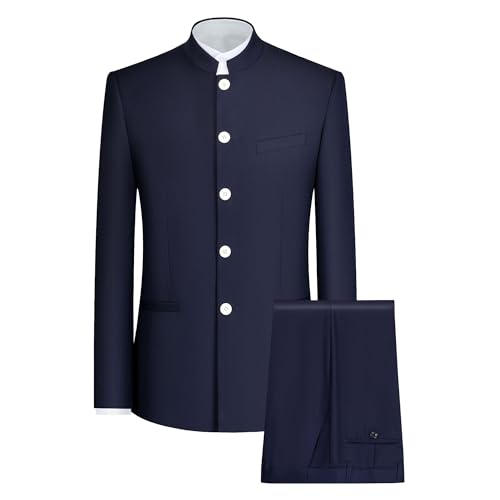 DGHM-JLMY Men's Slim Chinese Groom's Dress Suit Formal Business Chinese Tunic Suit Stand Collar Wedding Button 2 Piece Suit